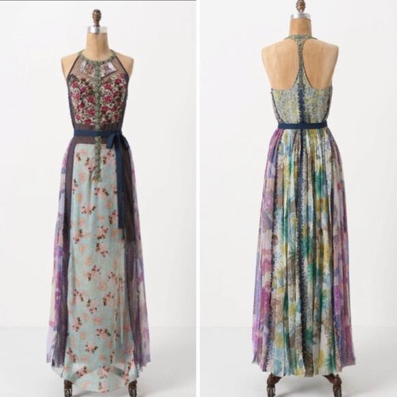 ANTHROPOLOGIE Byron Lars Wilderflora Patchwork Blue Floral Maxi Dress 2 - Picture 2 of 12